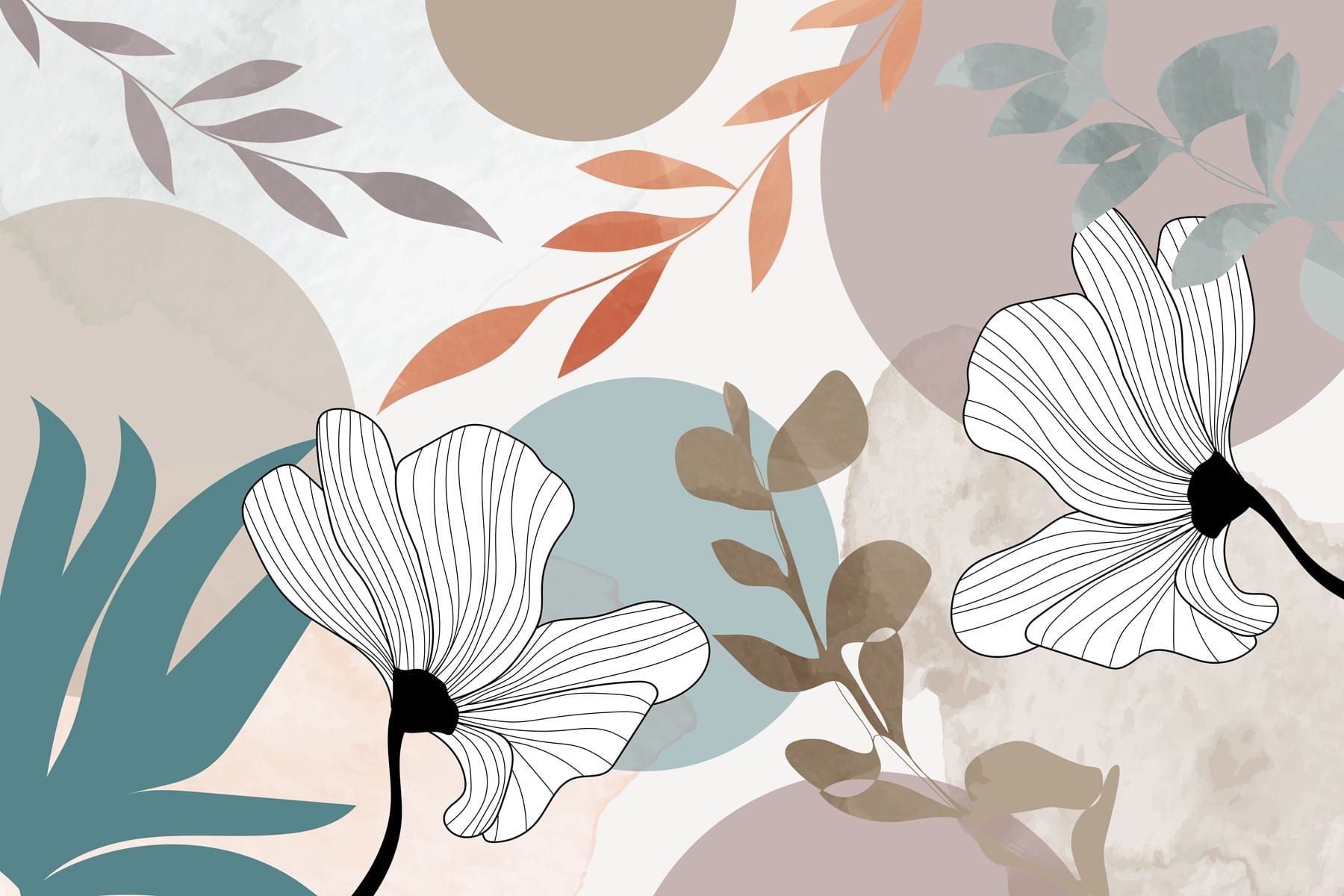 White flowers with brown leaves and blue circles White flowers with brown leaves and blue circles