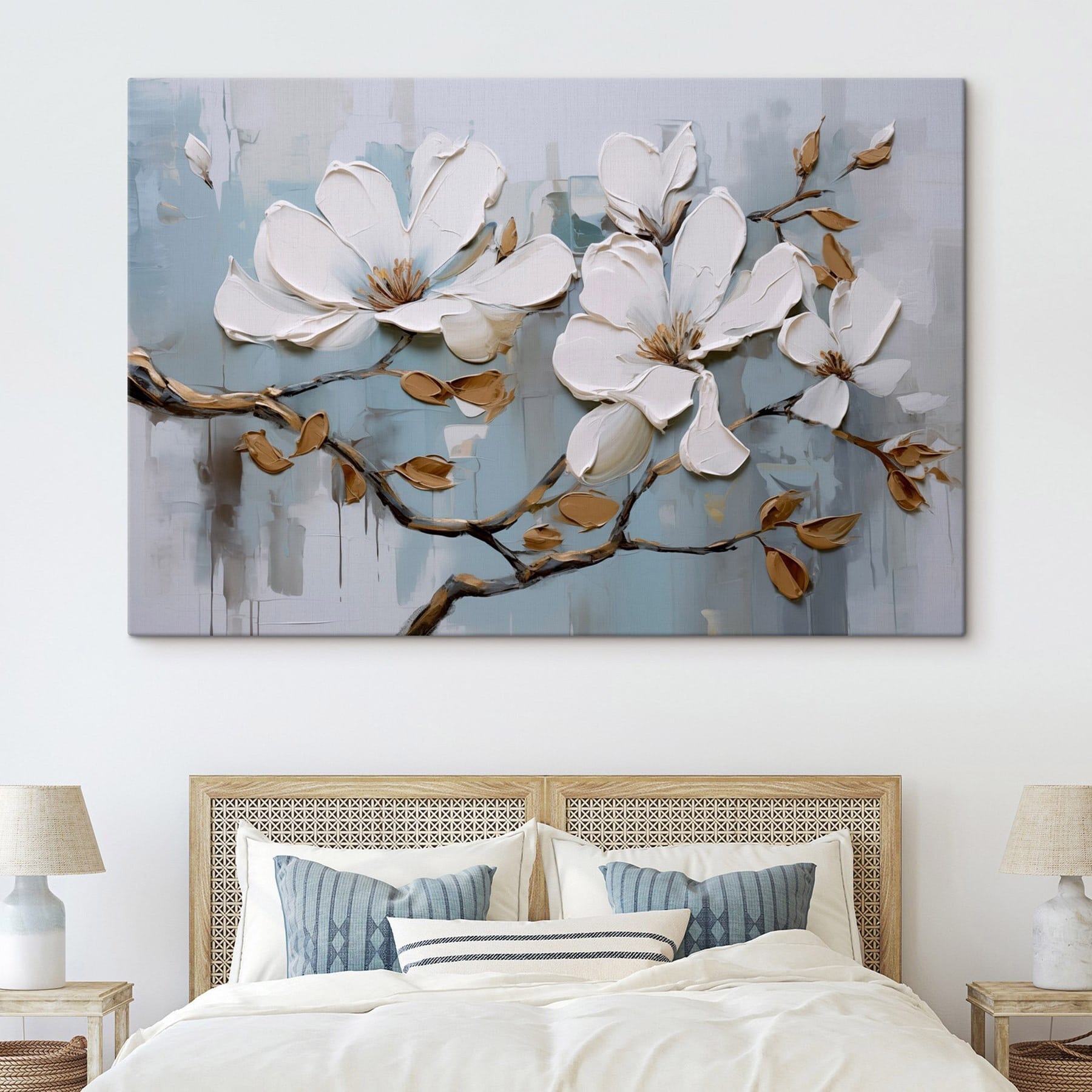 Painting of white flowers on a branch