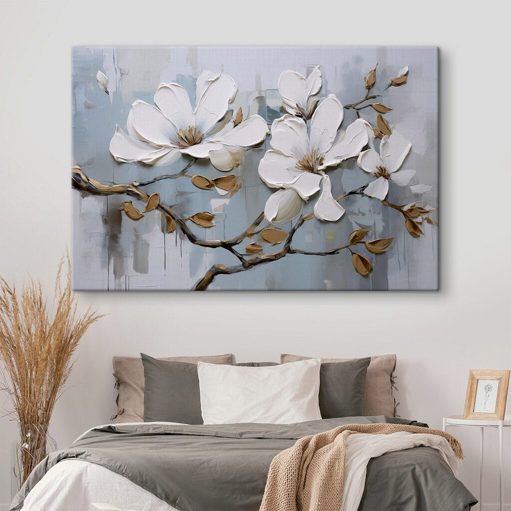 Painting of white flowers on a branch