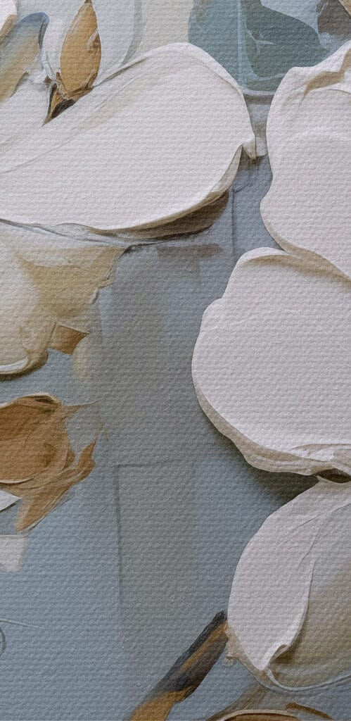 Painting of white flowers on a branch