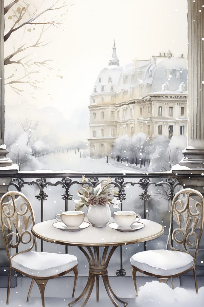 Table with cups and a vase of flowers on it with a snowy landscape