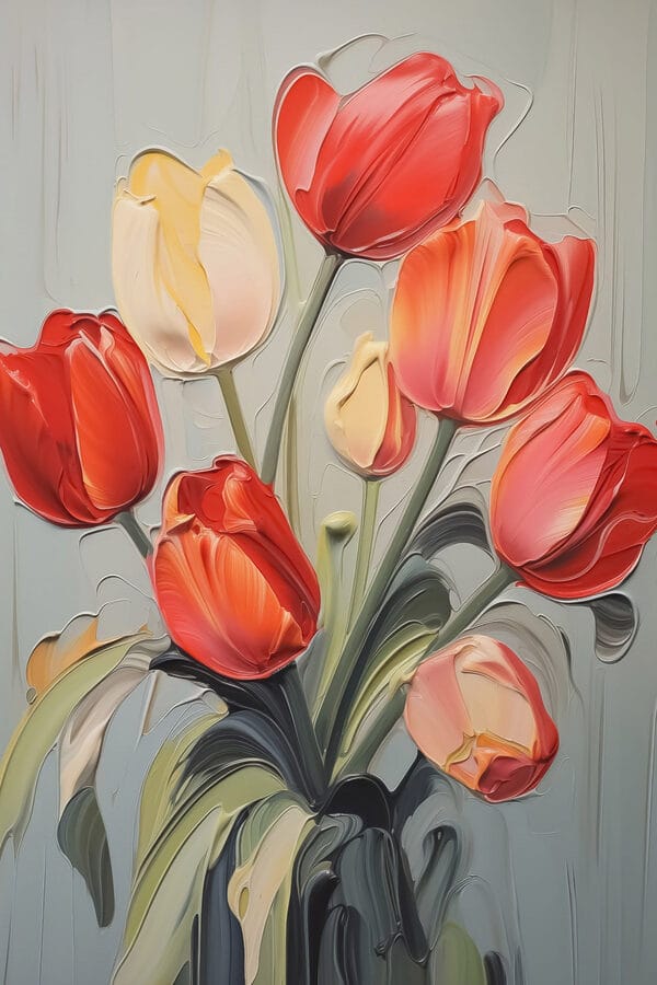 Tulipánok festménye szürke háttéren Tulipánok festménye szürke háttéren