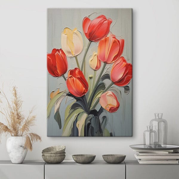 Tulipánok festménye szürke háttéren Tulipánok festménye szürke háttéren