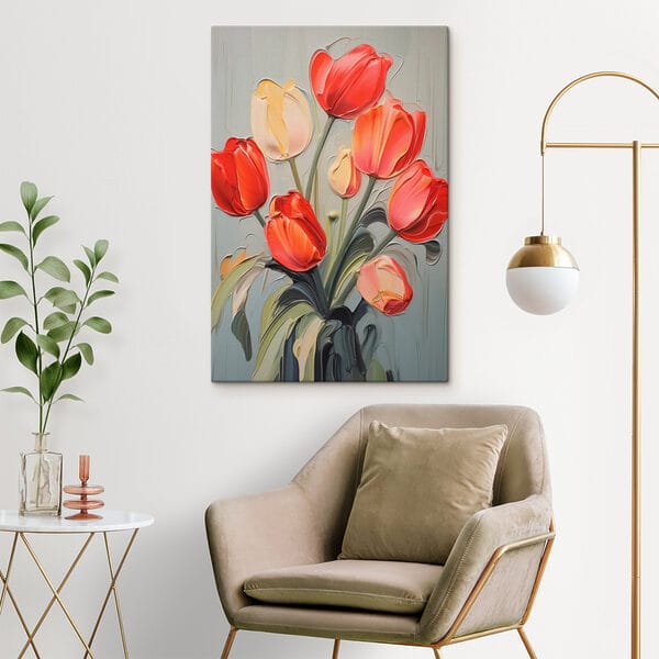 Tulipánok festménye szürke háttéren Tulipánok festménye szürke háttéren