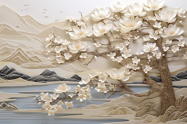 Wall murals Tree with white flowers and mountains Wall murals Tree with white flowers and mountains