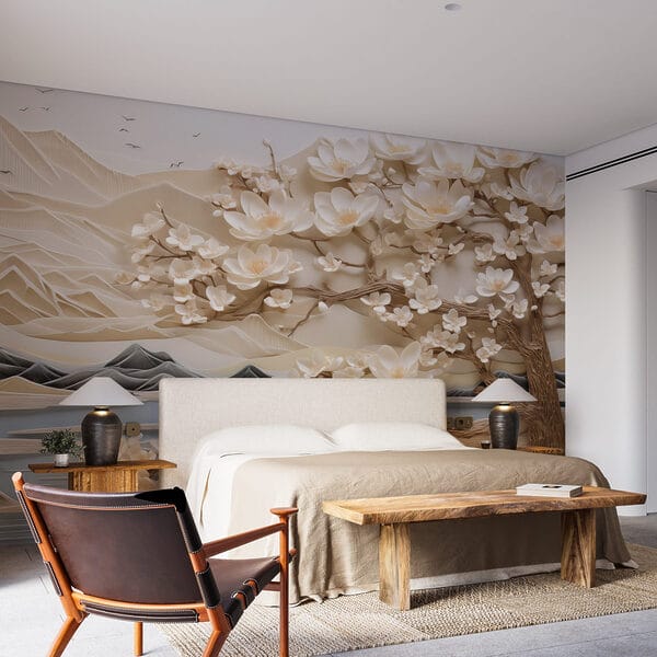 Wall murals Tree with white flowers and mountains Wall murals Tree with white flowers and mountains