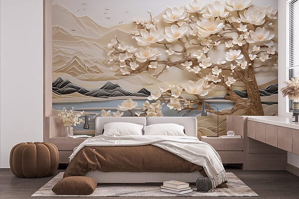 Wall murals Tree with white flowers and mountains Wall murals Tree with white flowers and mountains