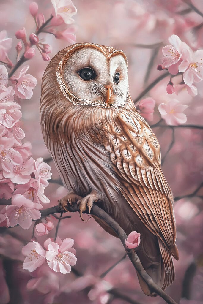 Owl sitting on a branch with pink flowers