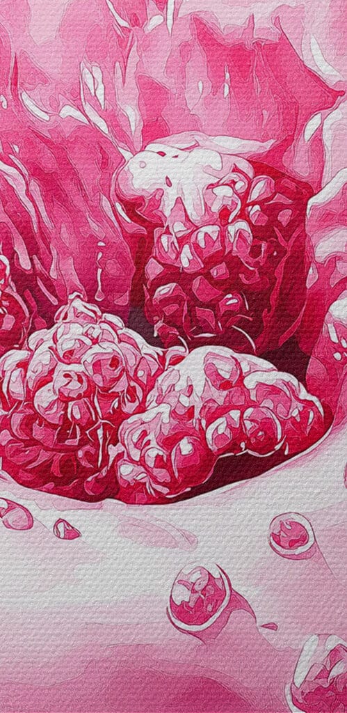 Donut with pink frosting and raspberries splashing into a white plate