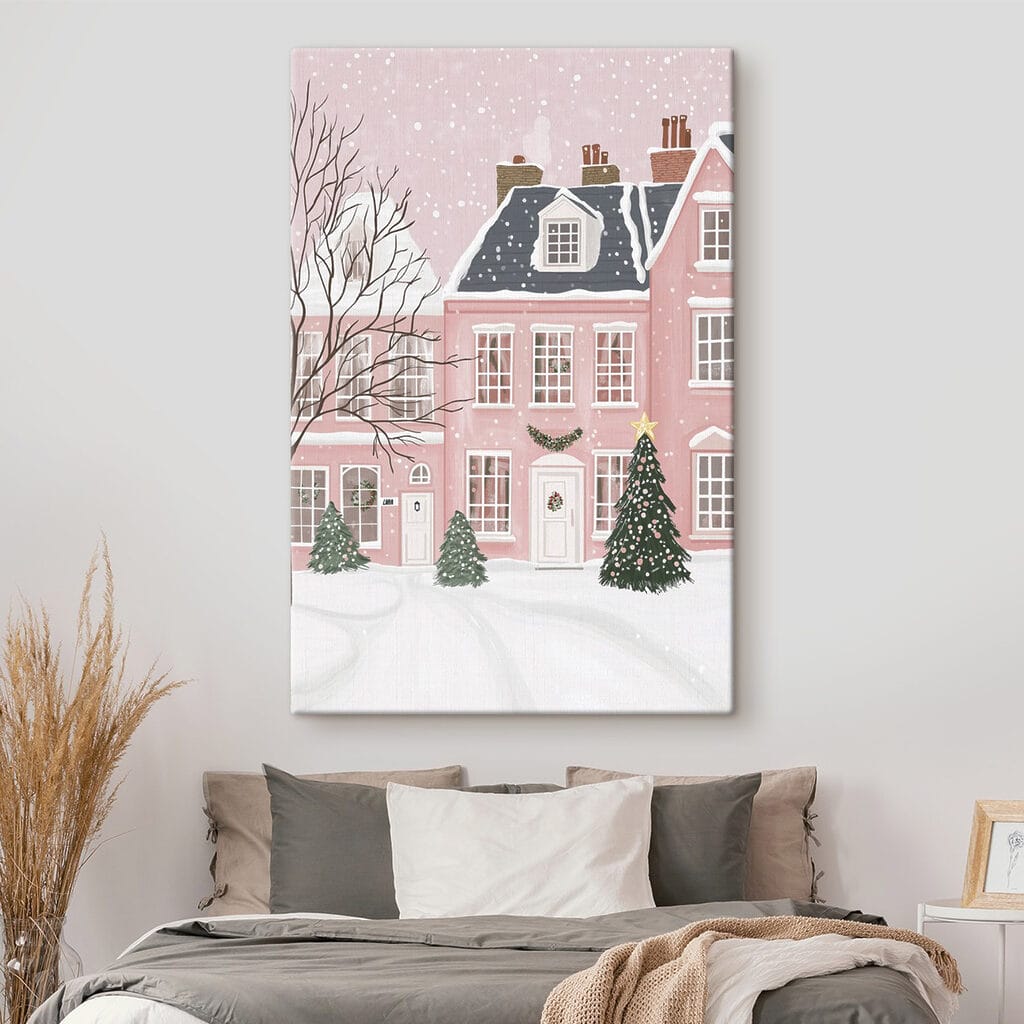 Pink house with trees and snow