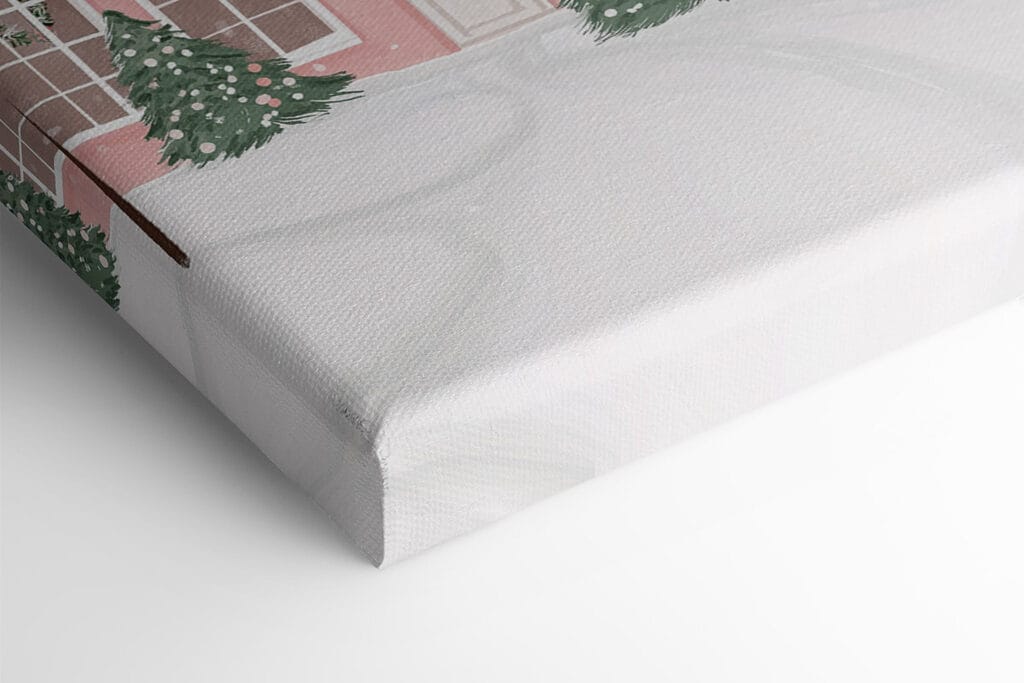 Pink house with trees and snow