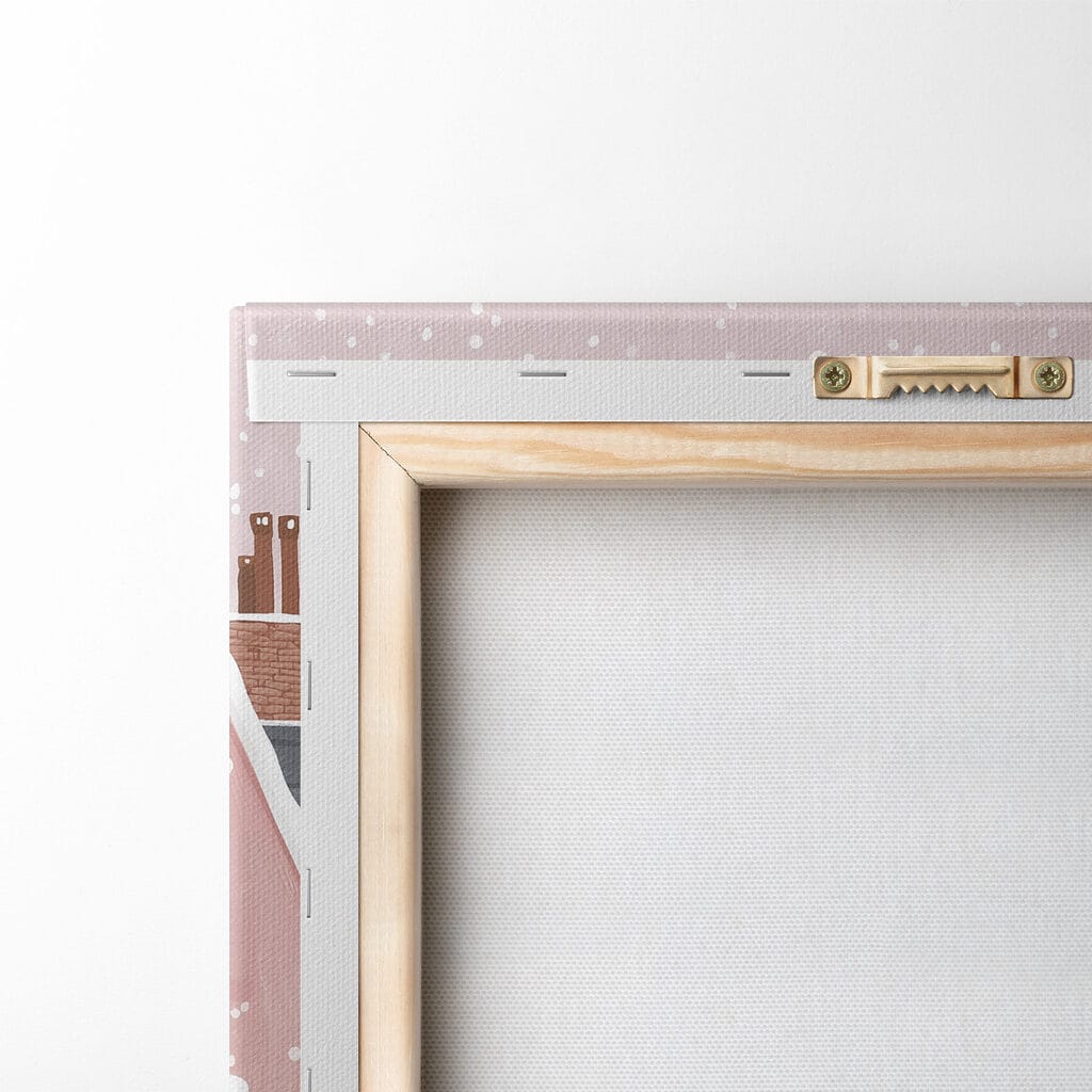 Pink house with trees and snow