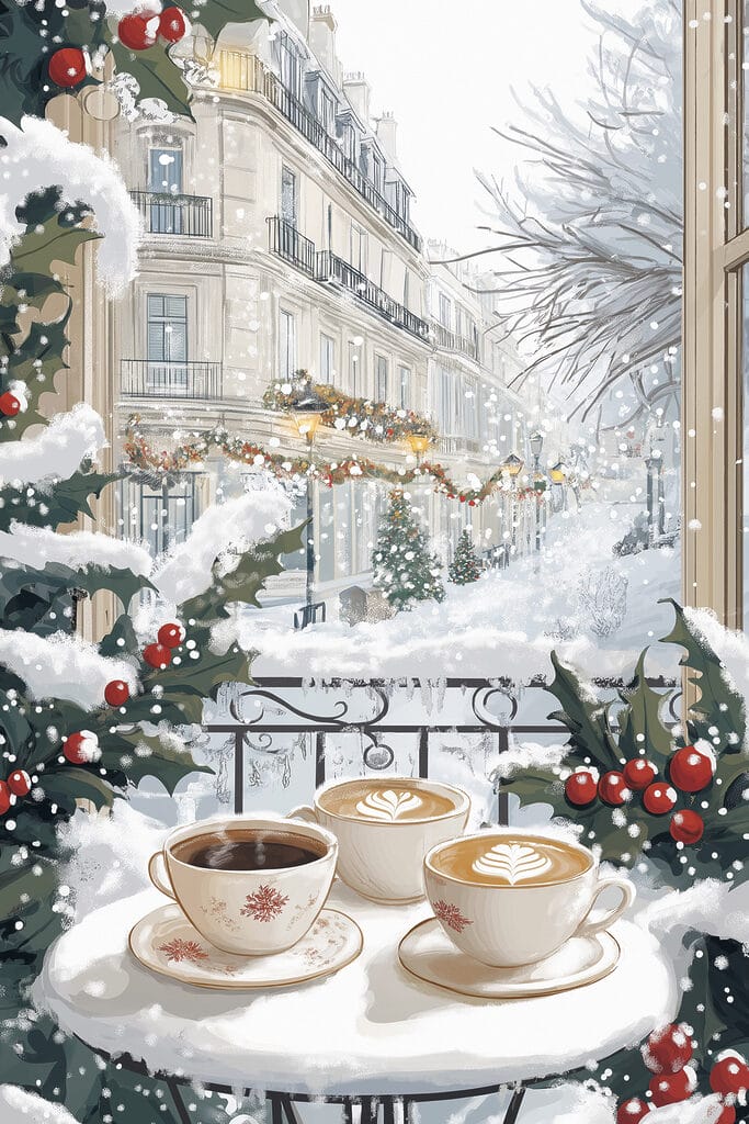 Couple of cups of coffee on a balcony with snow and buildings Couple of cups of coffee on a balcony with snow and buildings