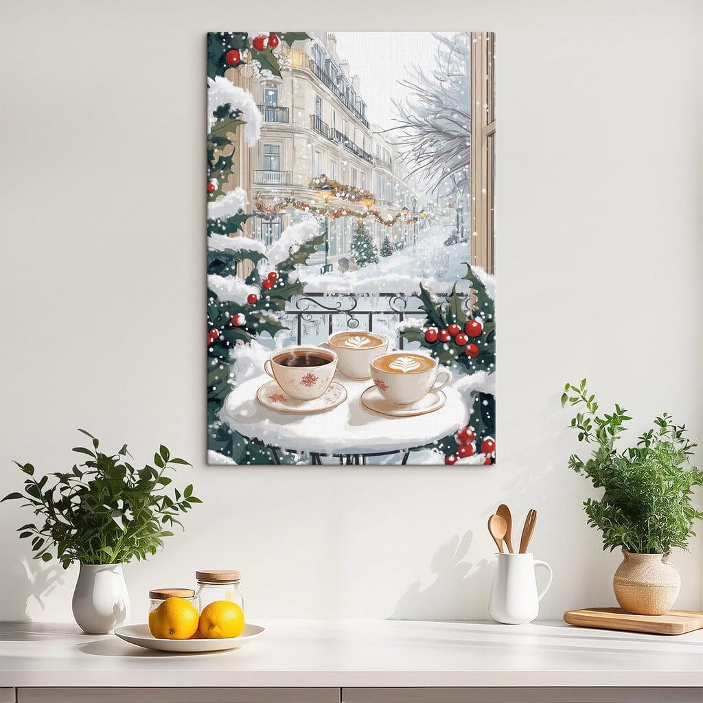 Couple of cups of coffee on a balcony with snow and buildings Couple of cups of coffee on a balcony with snow and buildings