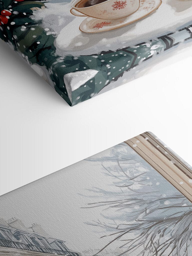 Couple of cups of coffee on a balcony with snow and buildings Couple of cups of coffee on a balcony with snow and buildings