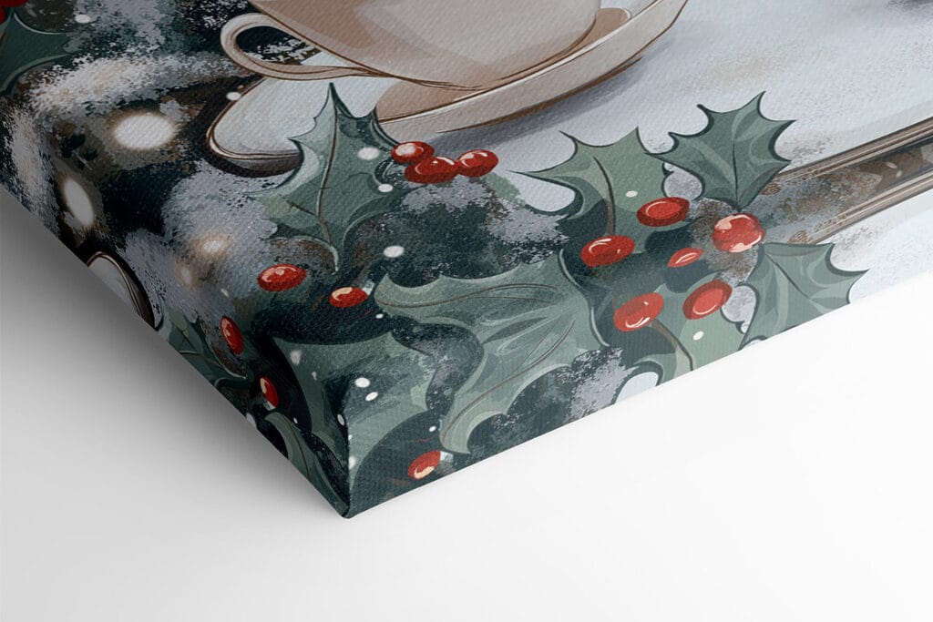 Two cups of coffee on a table in front of a snowy street