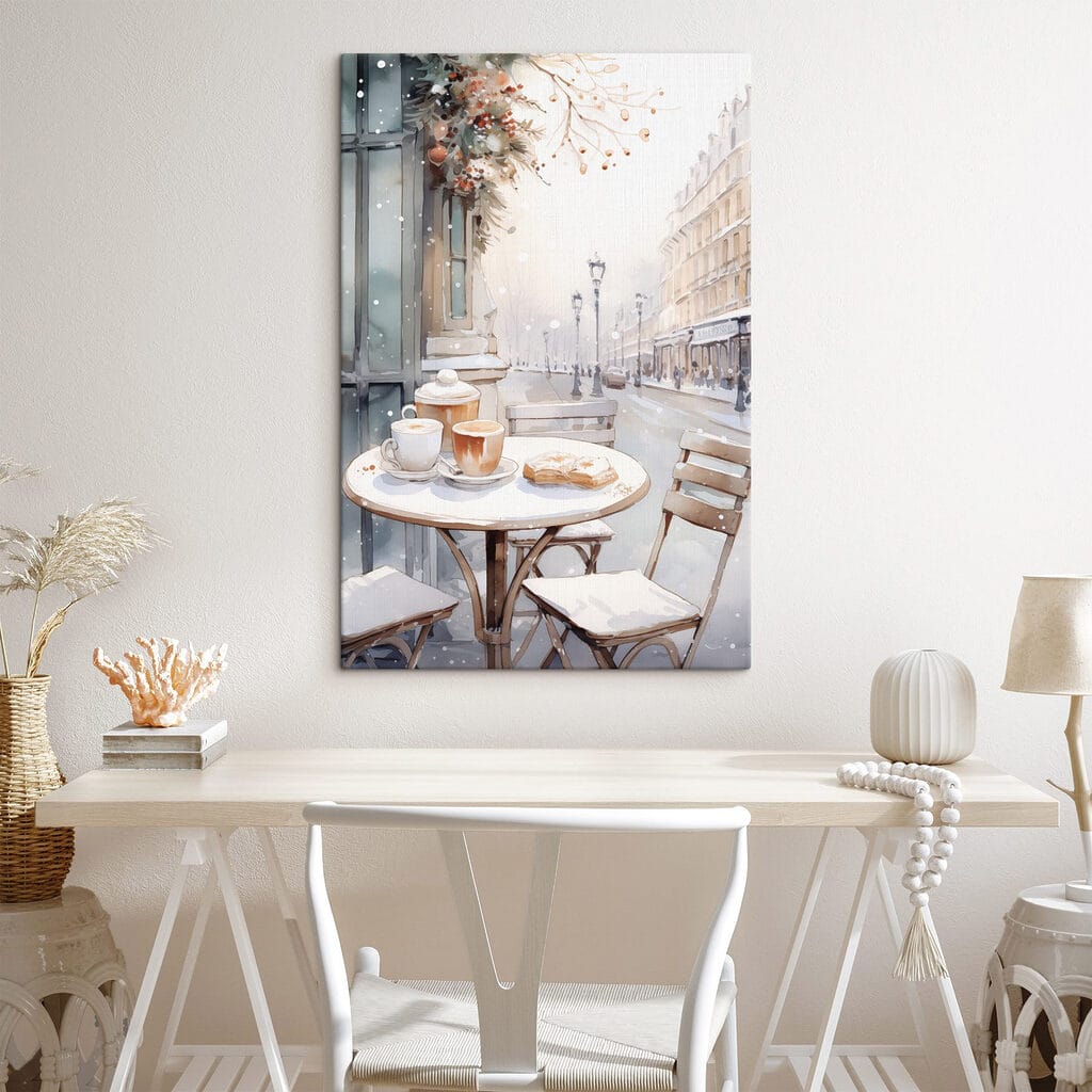 Table with coffee cups and croissants on it