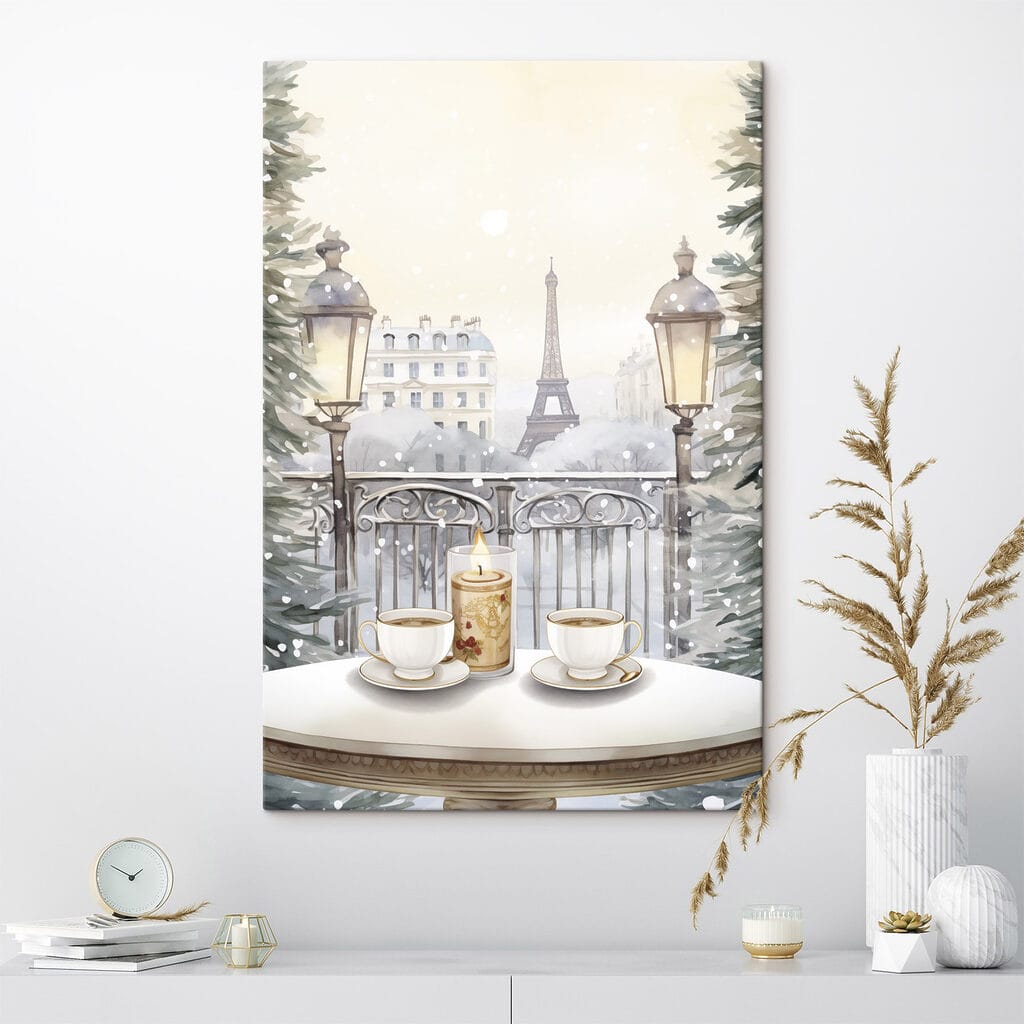 Painting of a tea set on a balcony with a tall tower in the background