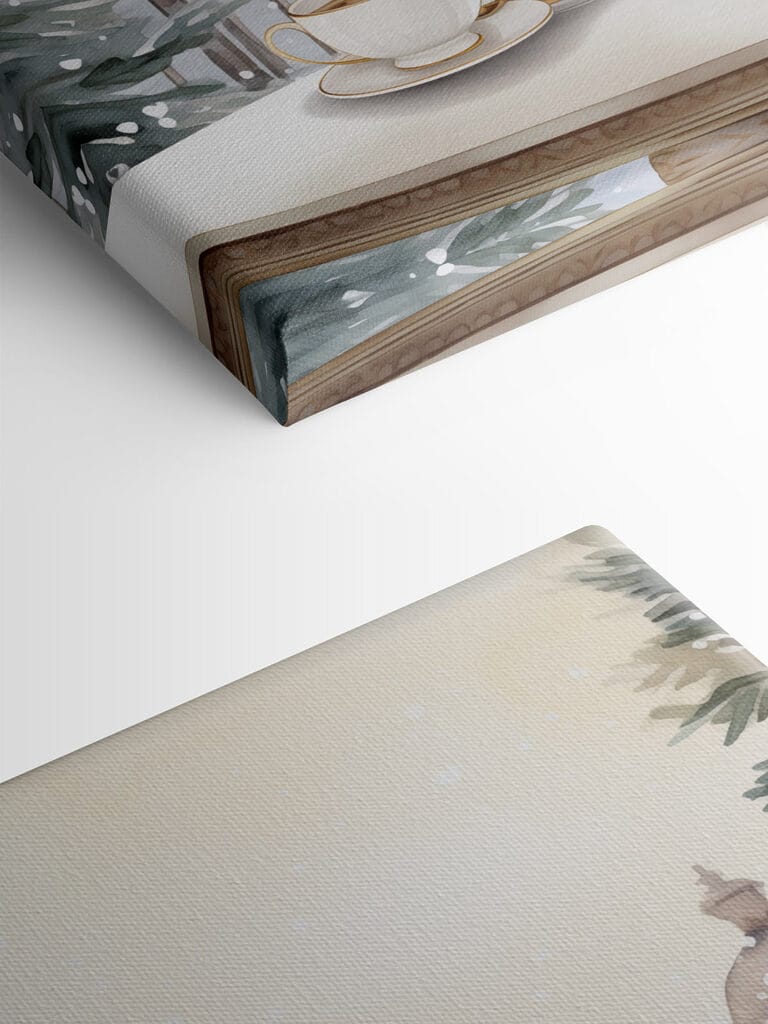 Painting of a tea set on a balcony with a tall tower in the background