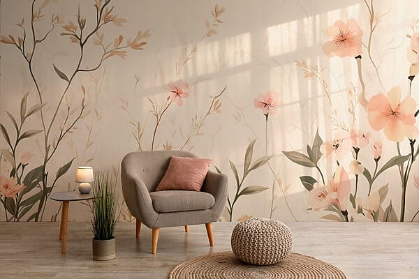 Wallpaper with flowers and leaves