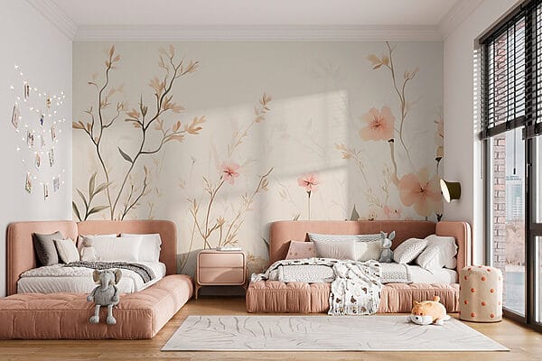 Wallpaper with flowers and leaves