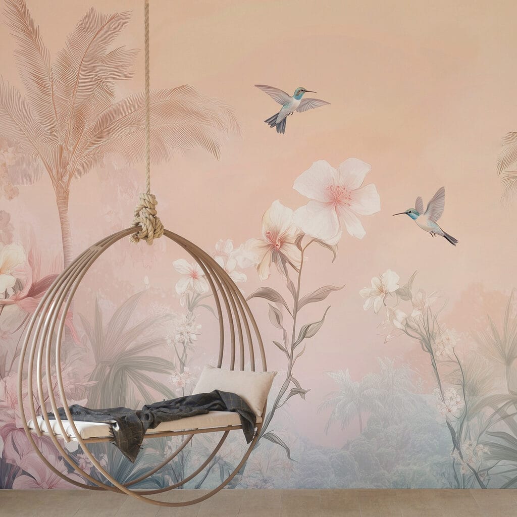 Group of birds flying over flowers