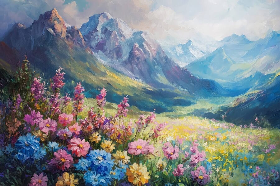 Festmény virágok egy mezőn, hegyekkel a háttérben