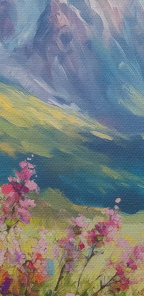 Painting of flowers in a field with mountains in the background