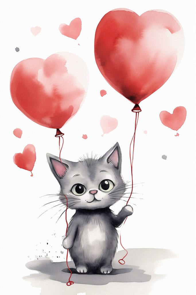 Cat holding balloons