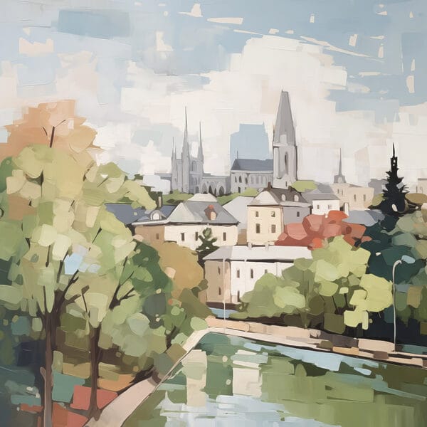 Festmény egy városról fákkal és egy folyóval Festmény egy városról fákkal és egy folyóval