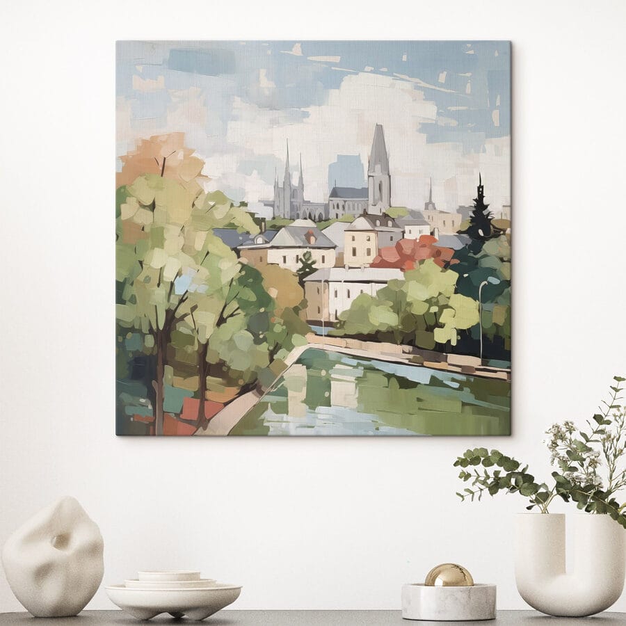 Festmény egy városról fákkal és egy folyóval