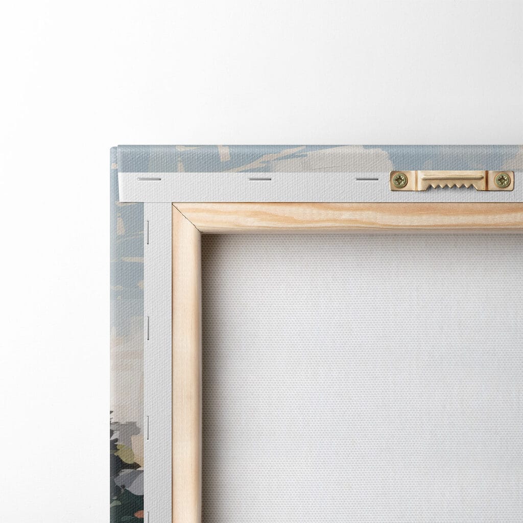 Painting of a city with trees and a river