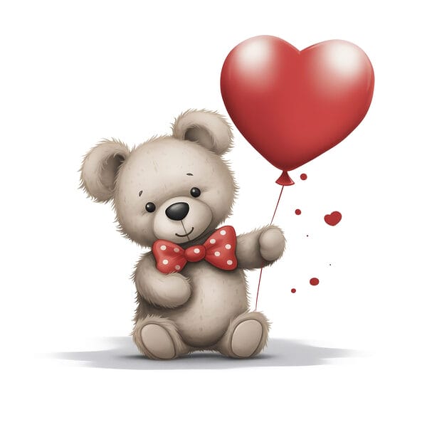 Teddy mackó, kezében egy szív alakú lufi Teddy mackó, kezében egy szív alakú lufi