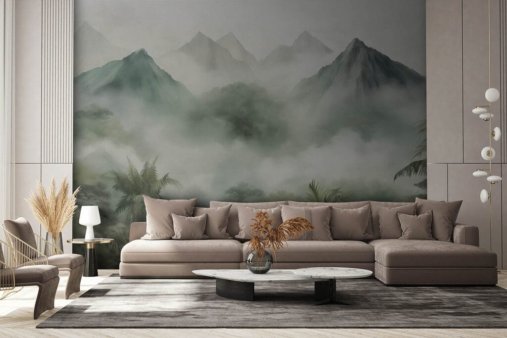 Foggy landscape with mountains and trees