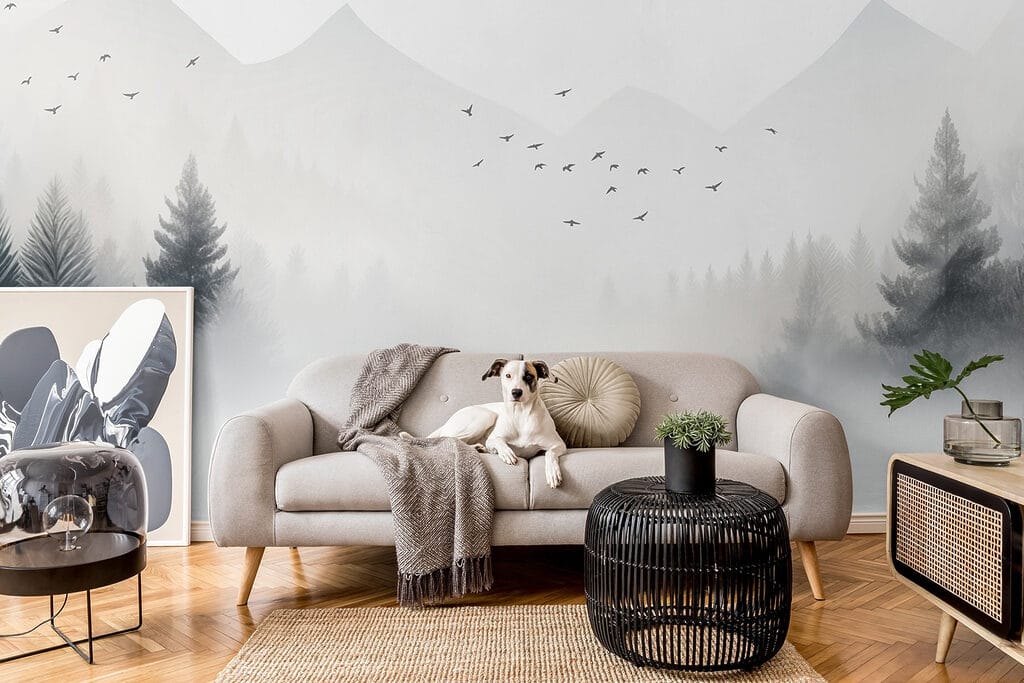 Birds flying over a foggy forest Birds flying over a foggy forest