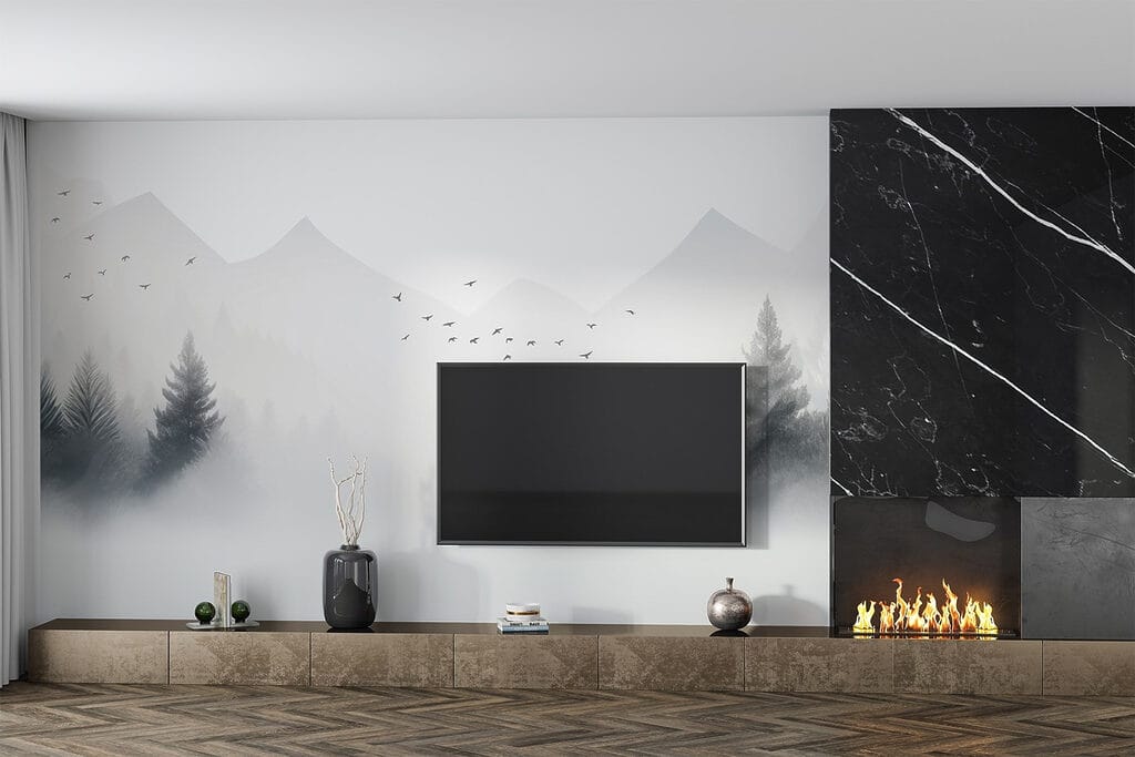 Birds flying over a foggy forest Birds flying over a foggy forest