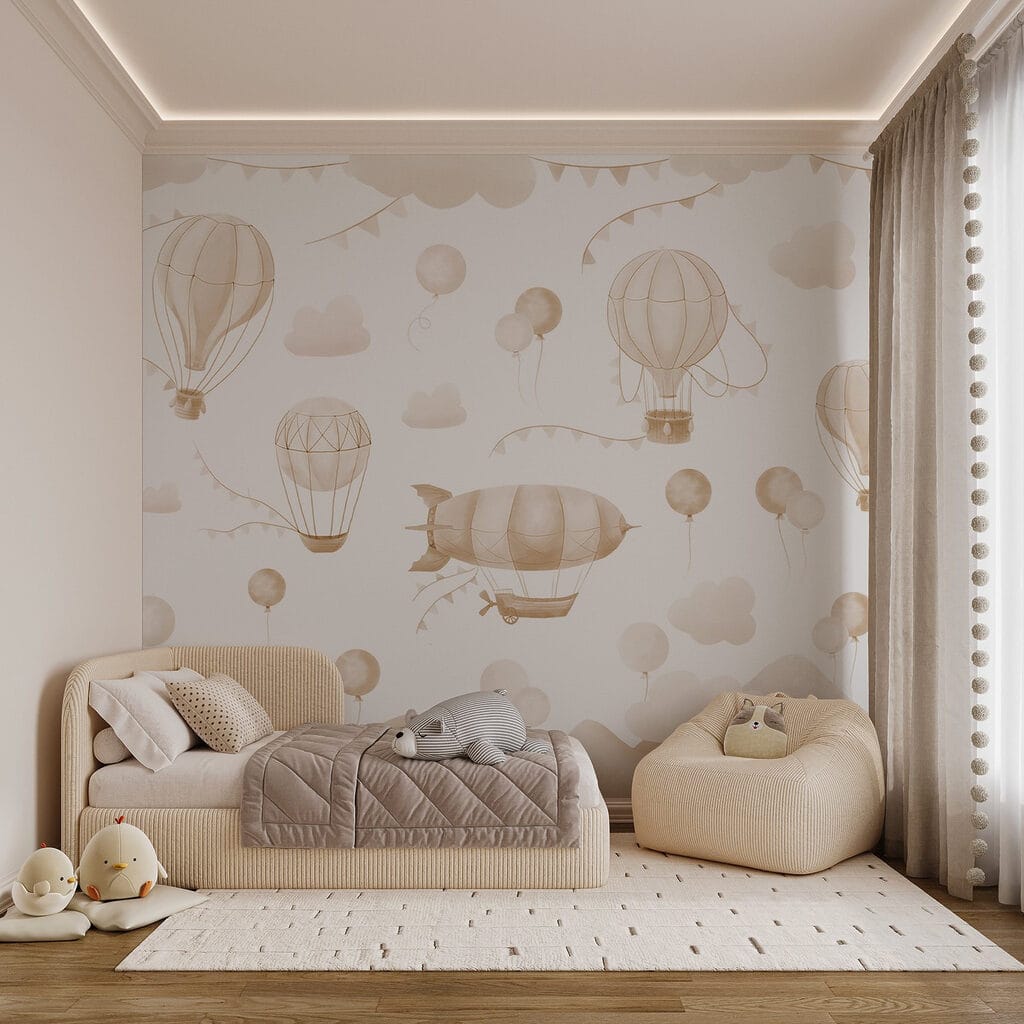 Group of hot air balloons and mountains