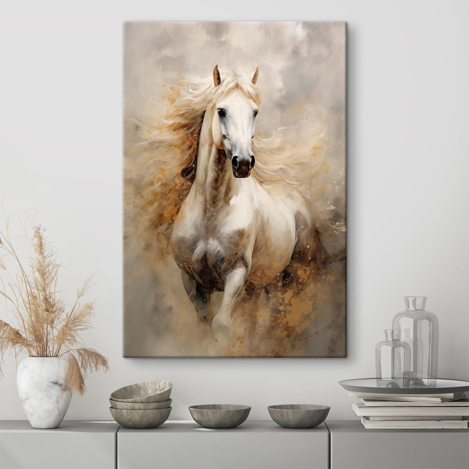 Painting of a white horse with a long mane