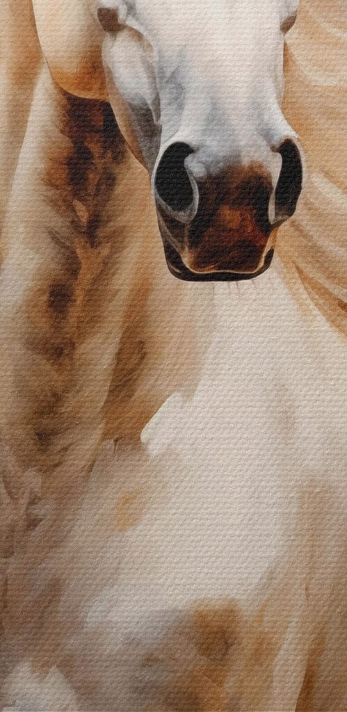 Painting of a white horse with a long mane