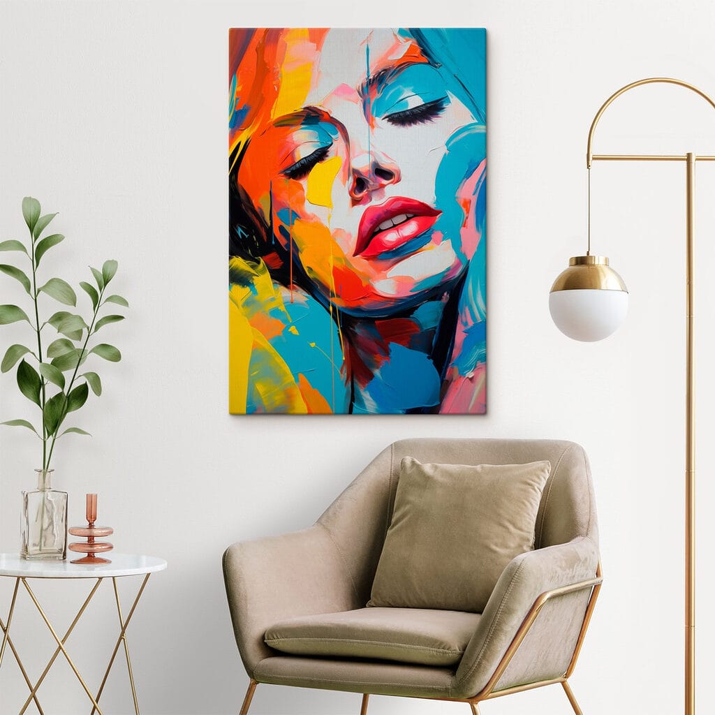 Painting of a woman with colorful paint on her face