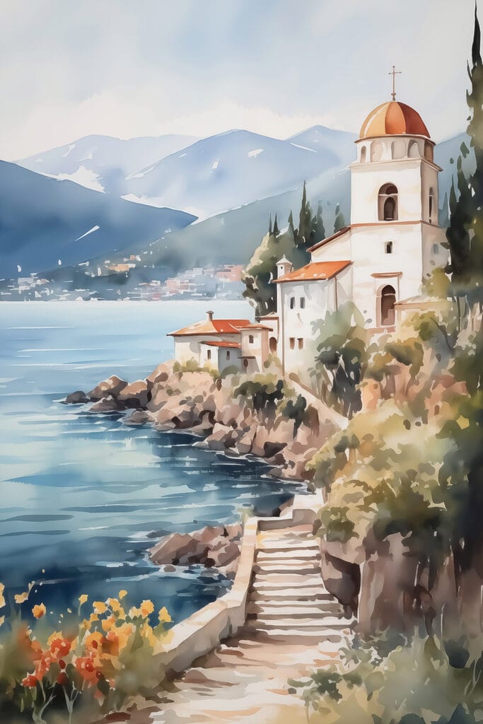 Watercolor painting of a building on a cliff by a body of water