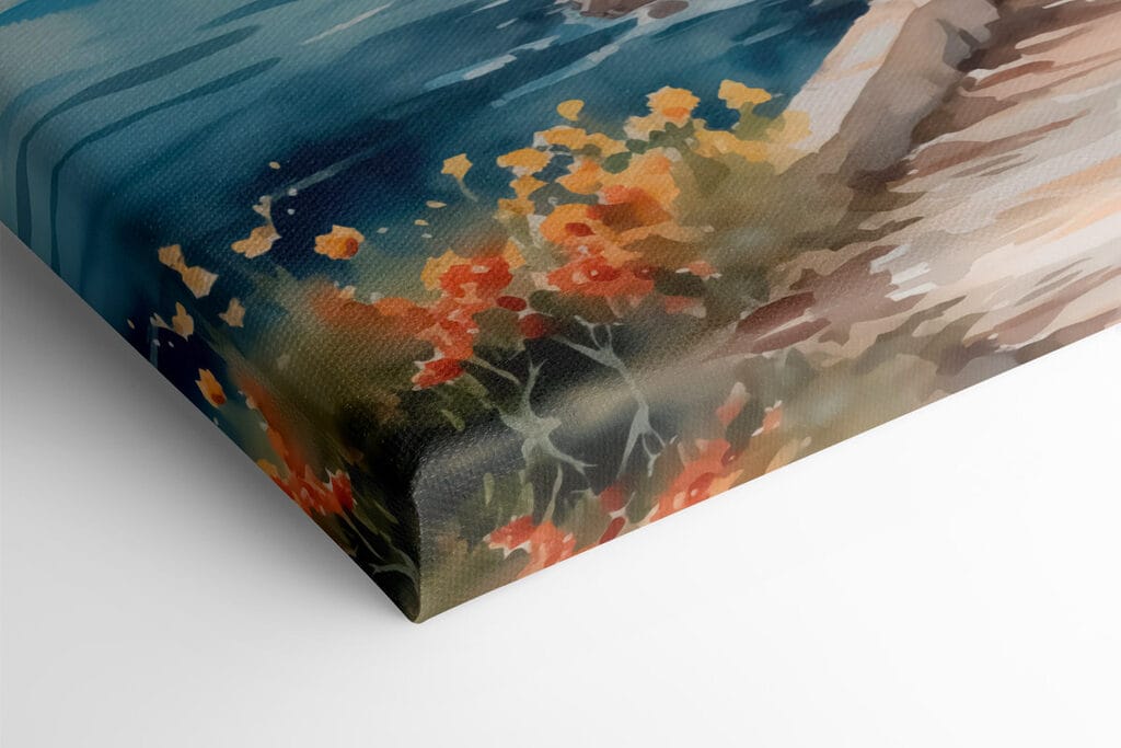 Watercolor painting of a building on a cliff by a body of water