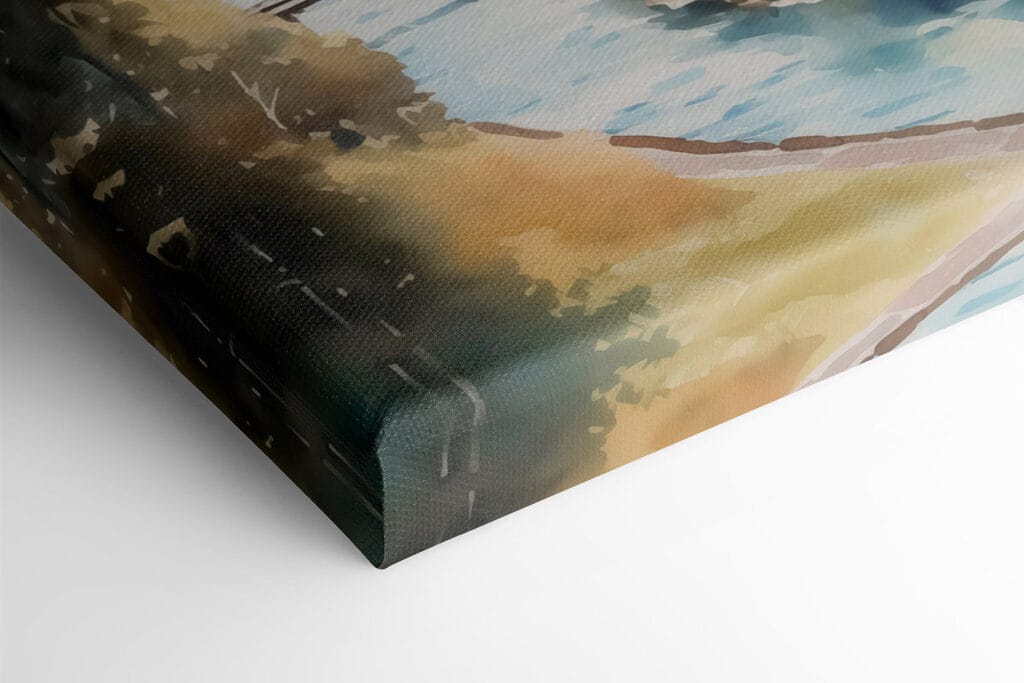 Watercolor painting of a village in the mountains