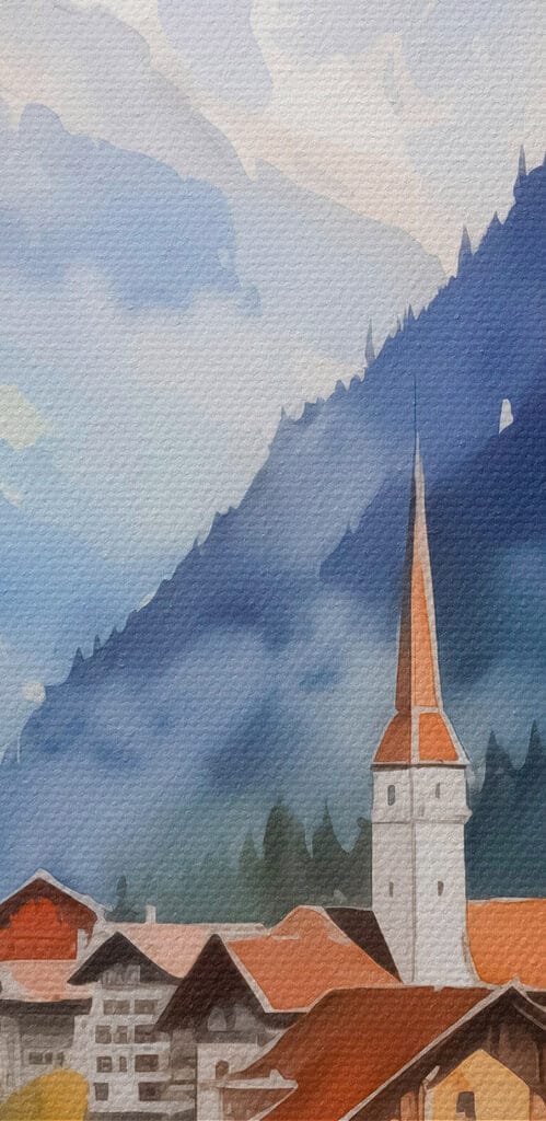 Watercolor painting of a village in the mountains