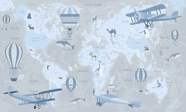 Map of the world with different types of airplanes and animals Map of the world with different types of airplanes and animals
