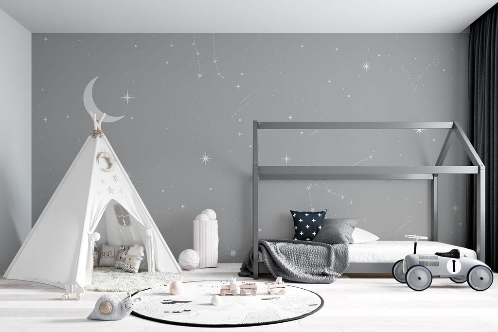 Grey sky with stars and moon
