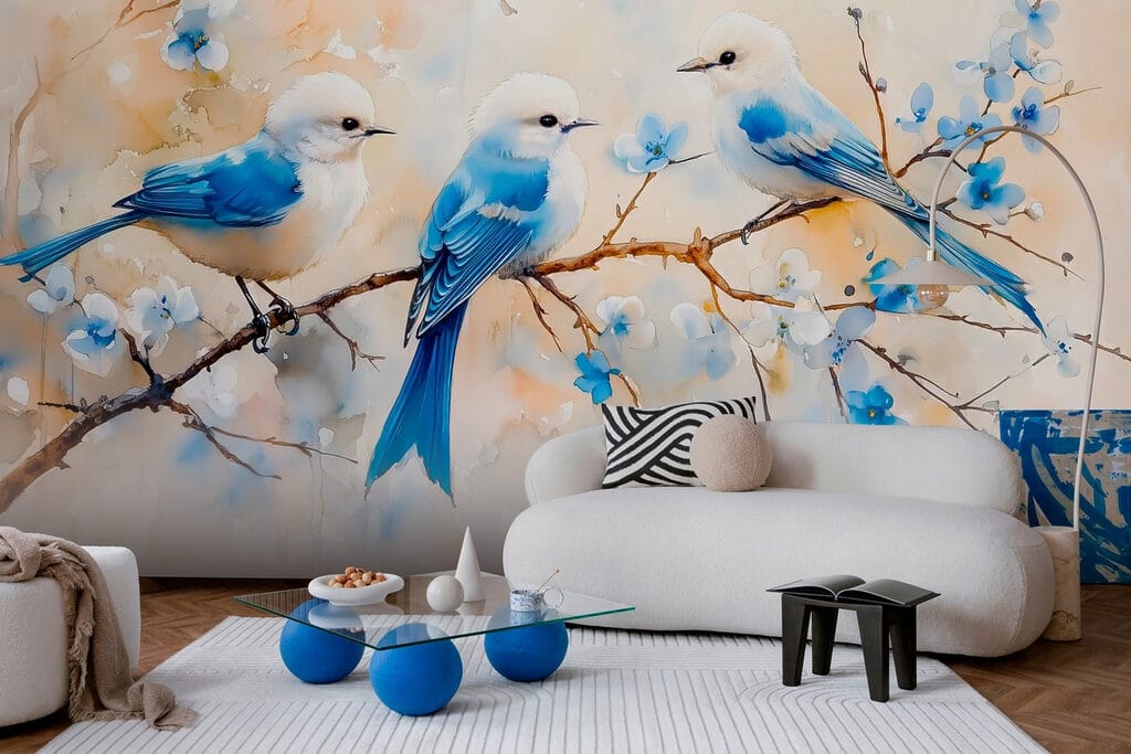 Group of blue birds on a branch Group of blue birds on a branch