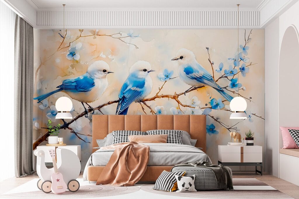 Group of blue birds on a branch Group of blue birds on a branch