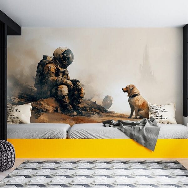 An astronaut sitting on a rock looking at a dog An astronaut sitting on a rock looking at a dog