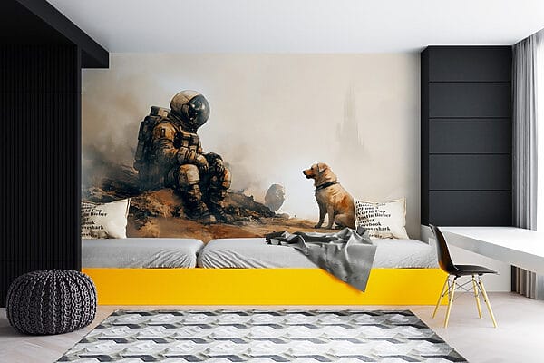 An astronaut sitting on a rock looking at a dog An astronaut sitting on a rock looking at a dog